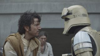 (L-R): Cassian Andor (Diego Luna) and a shoretrooper in Lucasfilm's ANDOR.