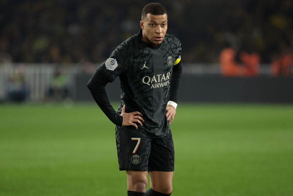 Kylian Mbappe of PSG looks on during the Ligue 1 Uber Eats match between FC Nantes (FCN) and Paris Saint-Germain (PSG) at Stade de la Beaujoire on February 17, 2024 in Nantes, France. (Photo by Jean Catuffe/Getty Images)