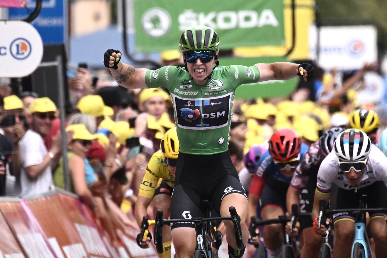 Team DSMs Dutch rider Lorena Wiebes C celebrates as she cycles to the finish line to win the 5th stage of the new edition of the Womens Tour de France cycling race 1756 km between BarleDuc and SaintDiedesVosges eastern France on July 28 2022 Photo by Jeff PACHOUD AFP Photo by JEFF PACHOUDAFP via Getty Images