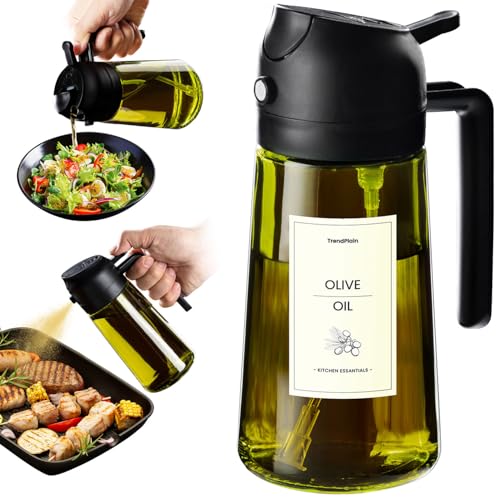 Trendplain 470ml Olive Oil Spray Bottle - 2 in 1 Olive Oil Dispenser Bottle for Kitchen Accessories - Kitchen Gadgets, for Air Fryer - With Stickers, Light Blocking - Black