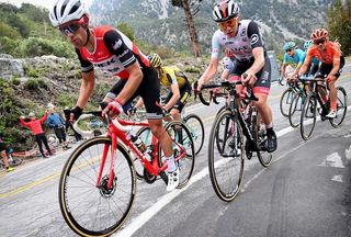 Richie Porte (Trek-Segafredo) leads eventual stage winner Tadej Pogacar (UAE Team Emirates) on stage 6's final climb to Mount Baldy at the 2019 Tour of California
