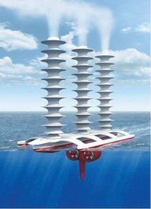 A conceptualized image of an unmanned, wind-powered, remotely controlled ship that could be used to implement cloud brightening.
