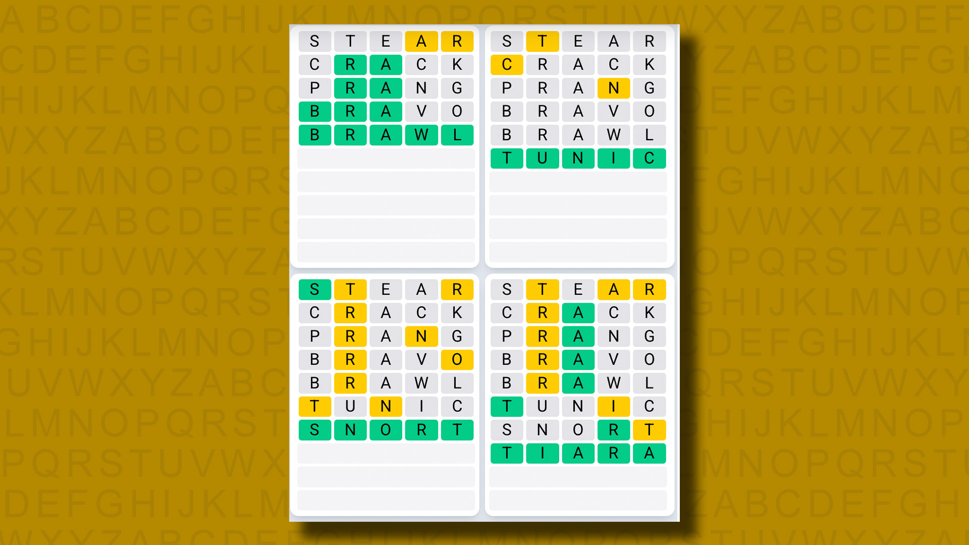Quordle Daily Sequence answers for game 1225 on a yellow background