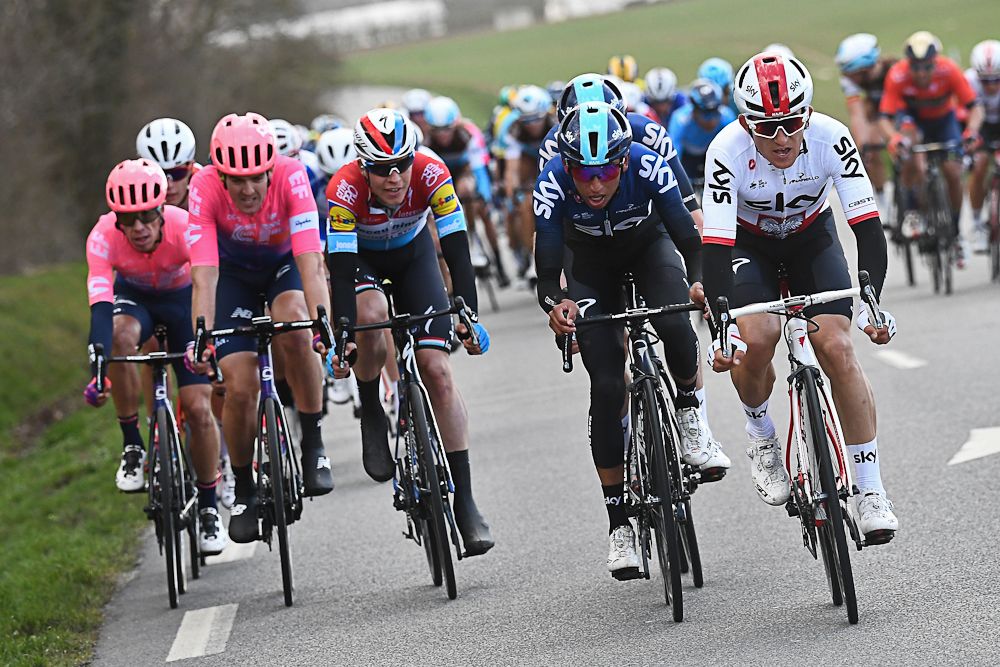 Team Sky's Michal Kwiatkowski leads Egan Bernal in the crosswinds during stage 1 at Paris-Nice