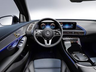 Mercedes EQC 400 interior view of dashboard and steering wheel