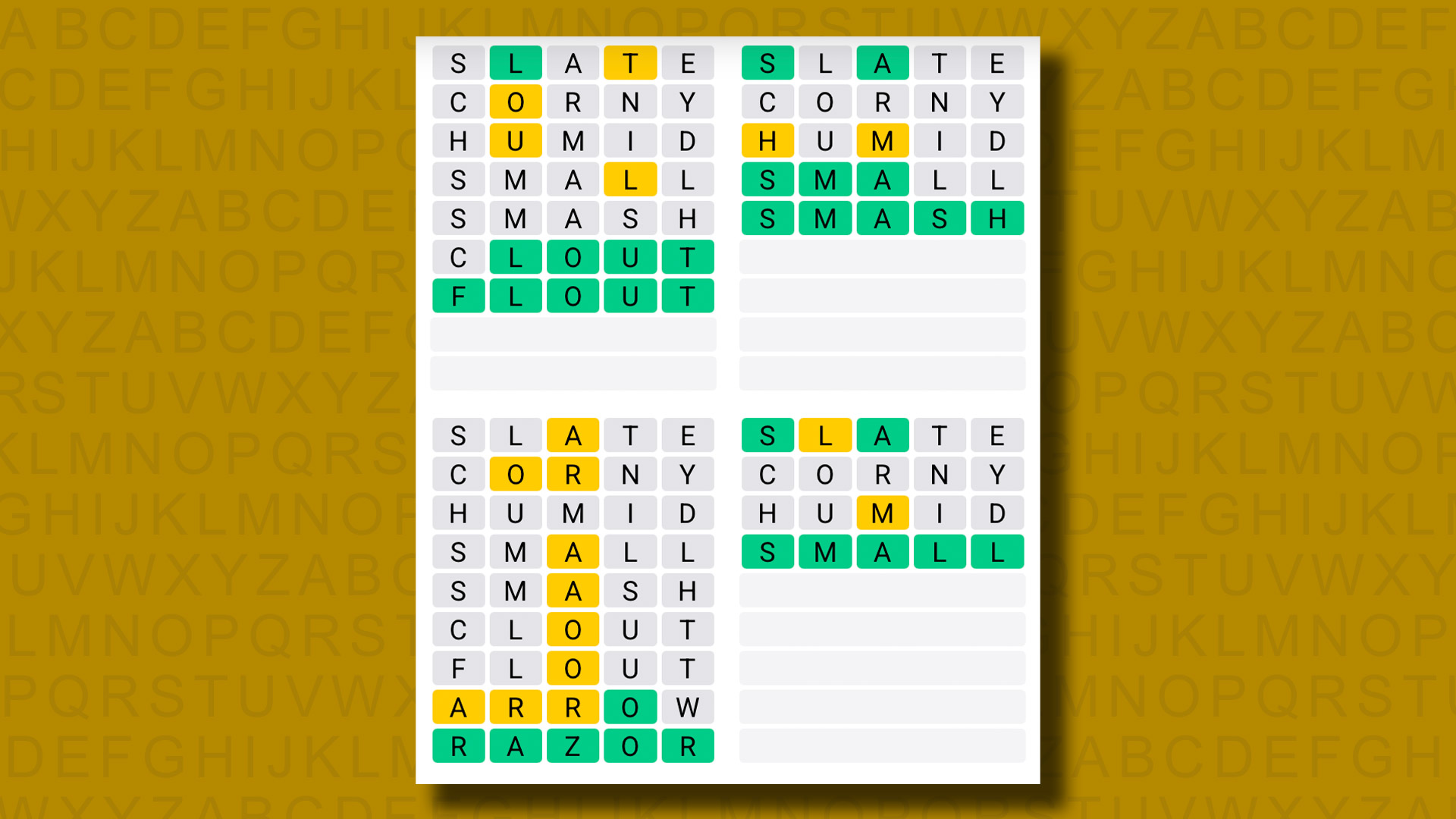 Quordle Antworten für Spiel 1155 auf gelben Hintergrund