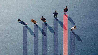 An overview of a bar chart with people standing at the tops of the bars. Some bars are taller than others, and one person falls short.