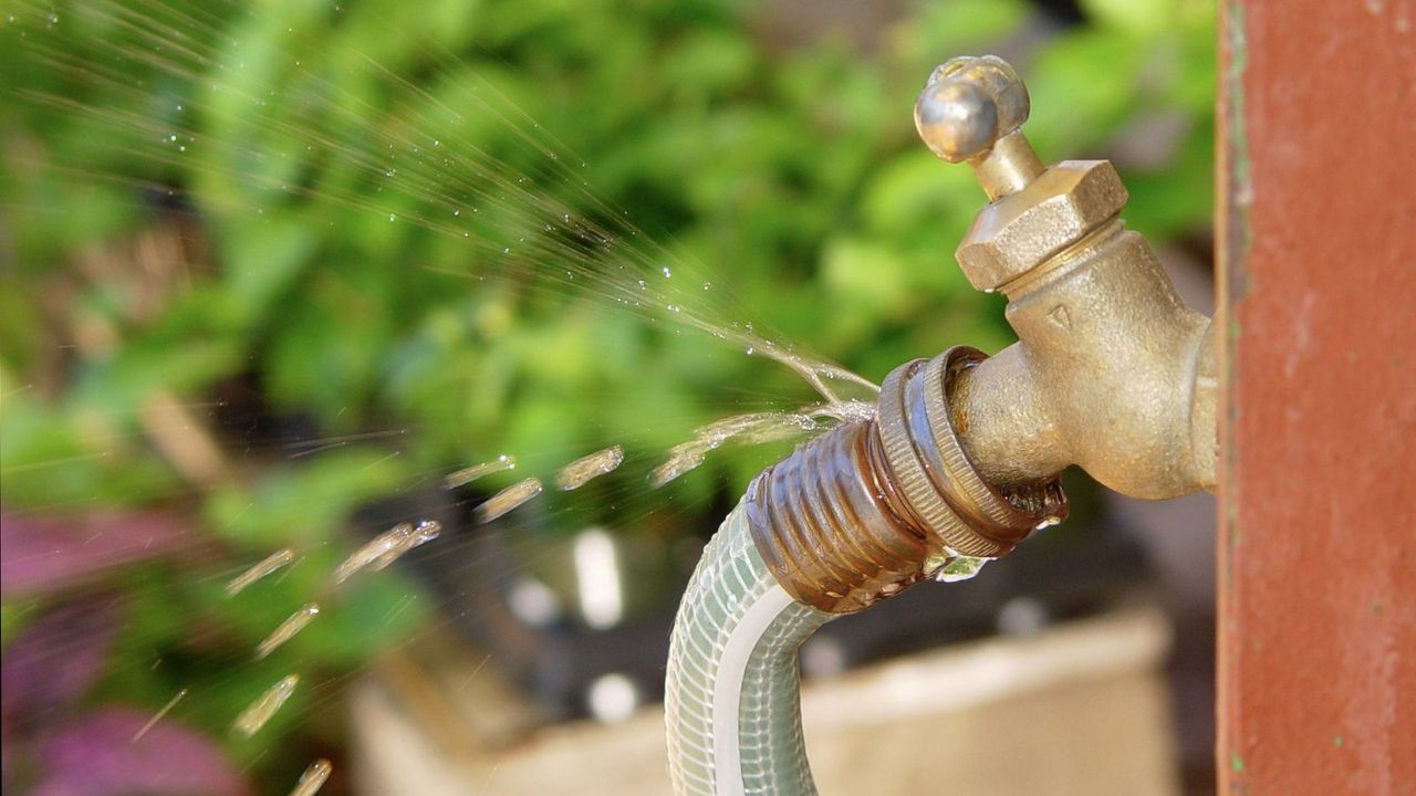 A hose leaking at a faucet