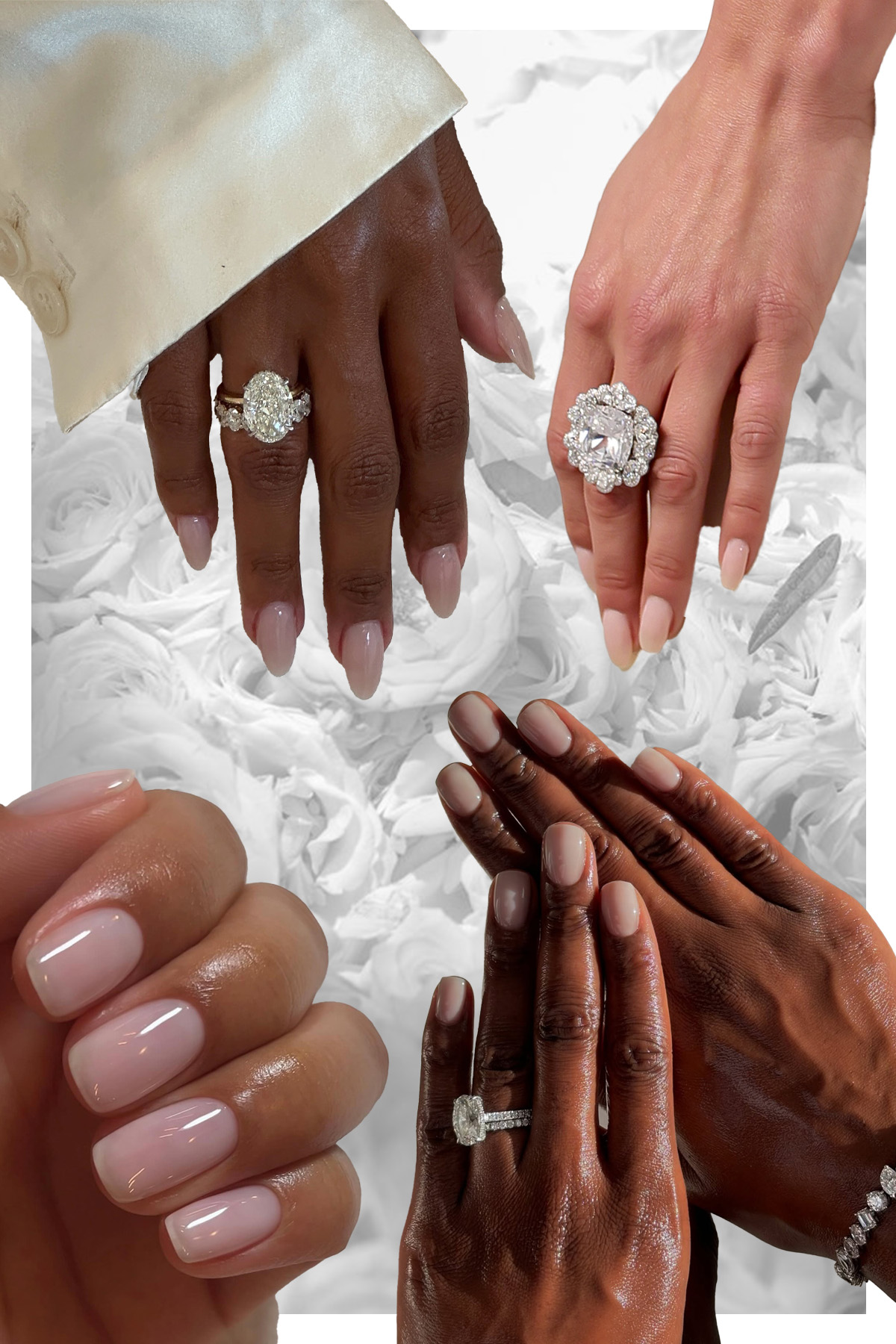 A collage of transparent pink bridal nails