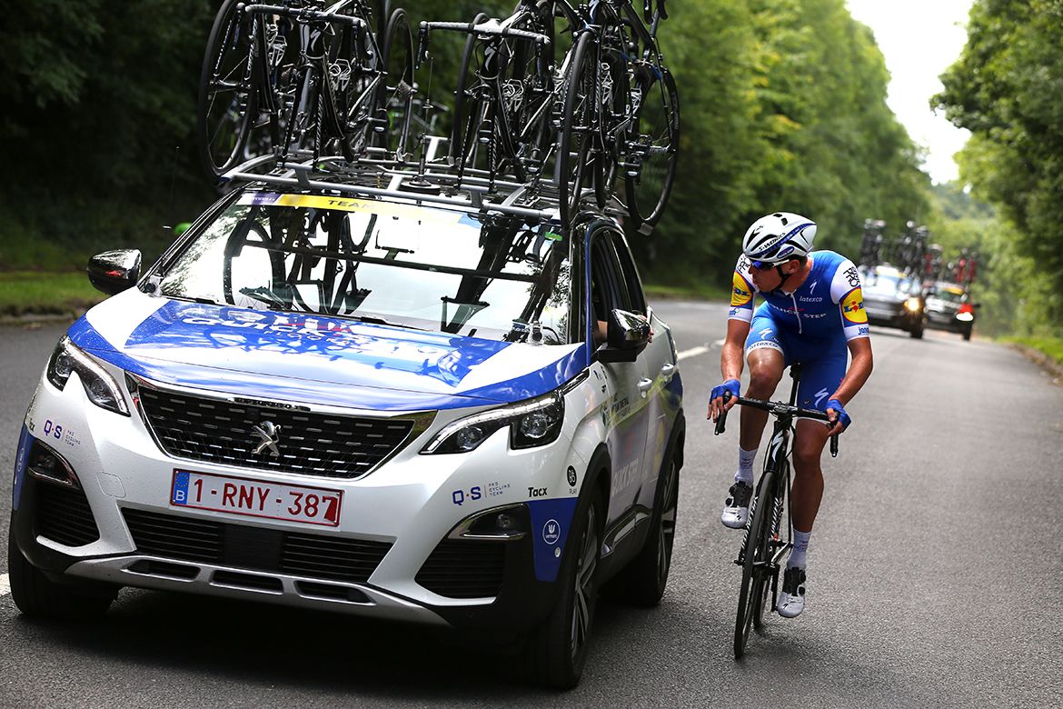 Tim Declercq back with the team car at the RideLondon Classic