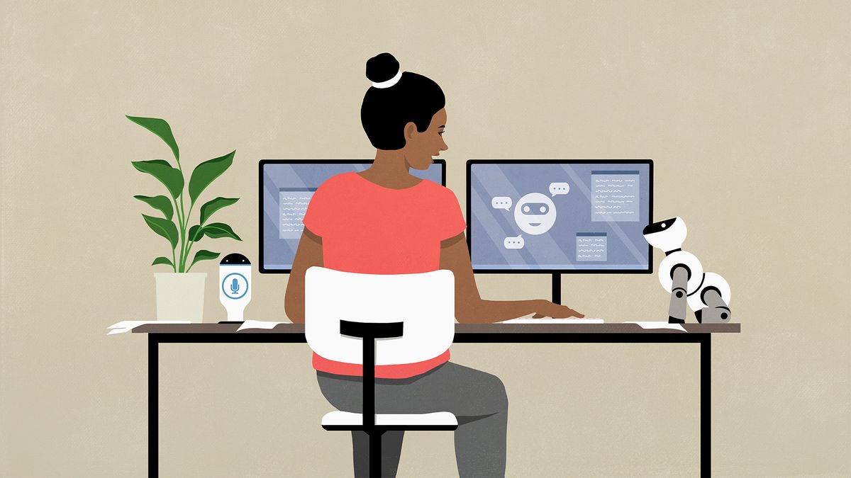 Women in tech concept image showing female tech worker sitting at desk working on desktop computer.