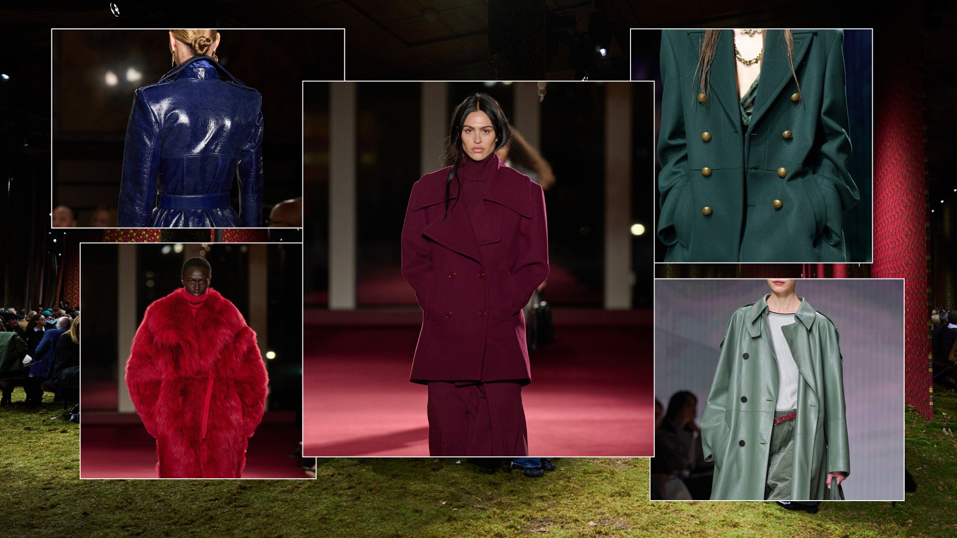 Five images of models from the autumn/winter 2026 runways wearing coat colour trends for 2026, including cobalt, apple red, mulberry and marine green