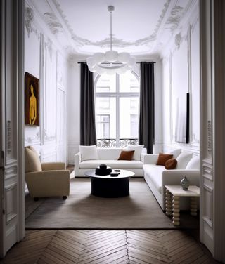 A living room with pure white sofas, and taupe armchair plus pillows