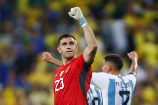 Argentina goalkeeper Emiliano Martinez celebrates after victory over Brazil in a World Cup qualifier in 2023.