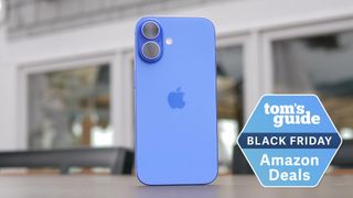 iPhone 16 in ultramarine with a Tom's Guide Black Friday Amazon Deals badge