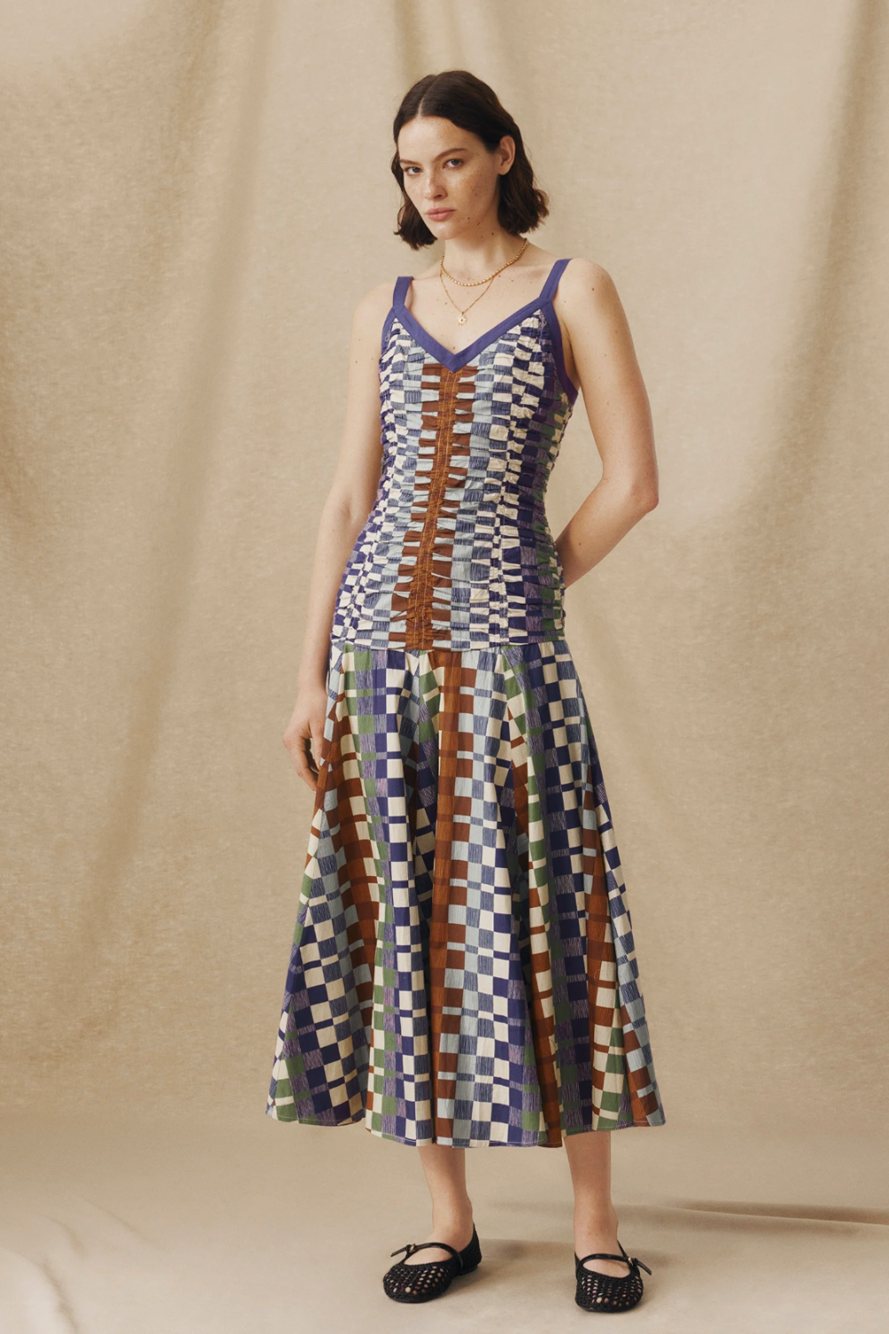 Morinal | Drop-Waist Geometric Print Cotton Midi Dress