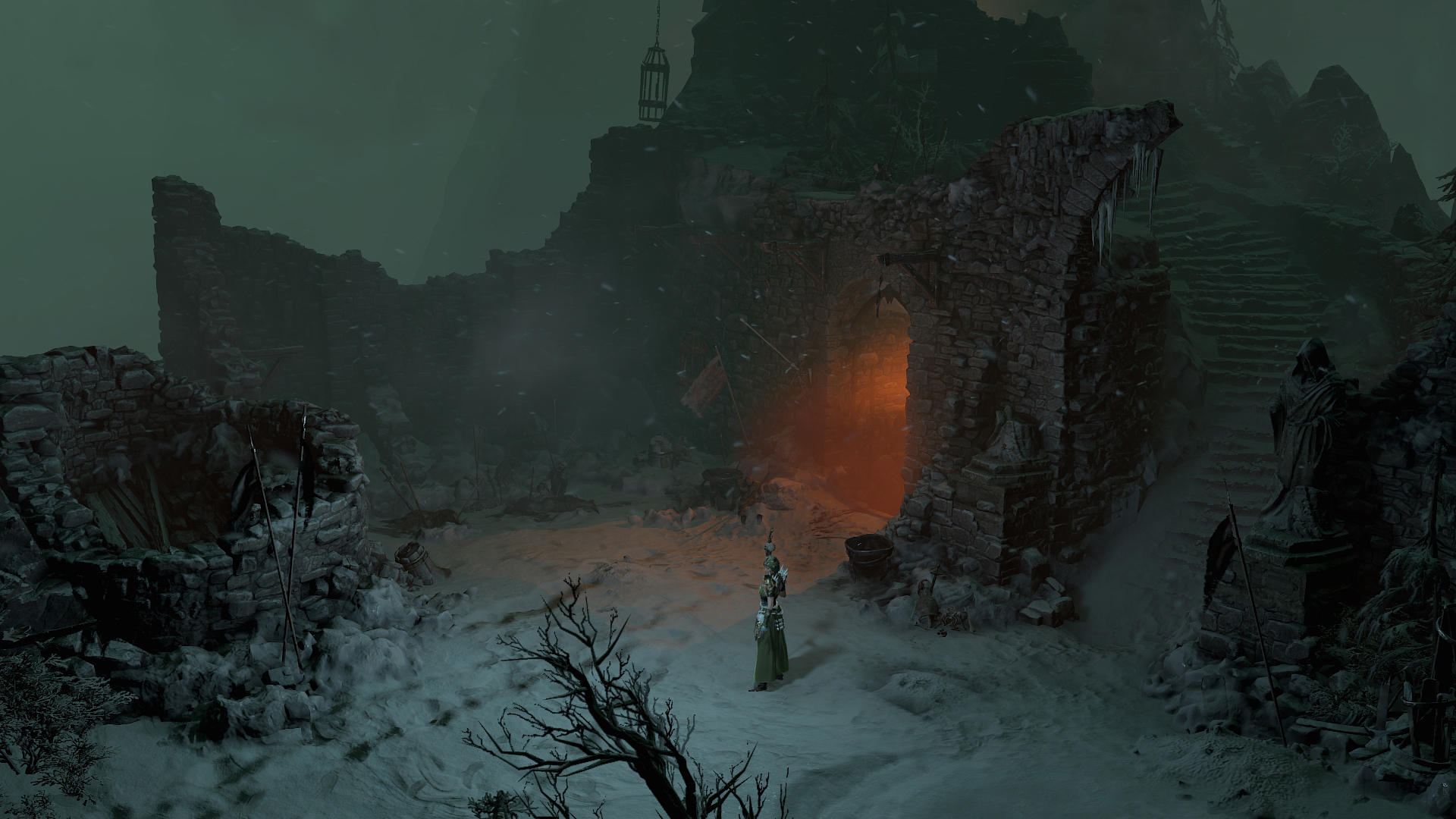 A Diablo 4 character stands outside a glowing doorway