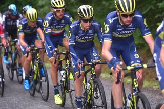 Esteban Chaves on the wheel on Orica-Scott teammate Roman Kreuziger during stage 1