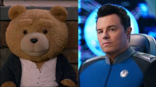 Ted smiles while sitting on the lawn in a tuxedo in Ted, and Seth MacFarlane pictured looking stoic in uniform on The Orville: New Horizons, pictured side by side.