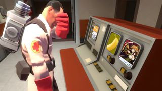 An edited image of the Medic from Team Fortress 2 looking at a computer, face palming. The three screens, from right to left, show Task Bar Hero, Banana, and Bongo Cat.