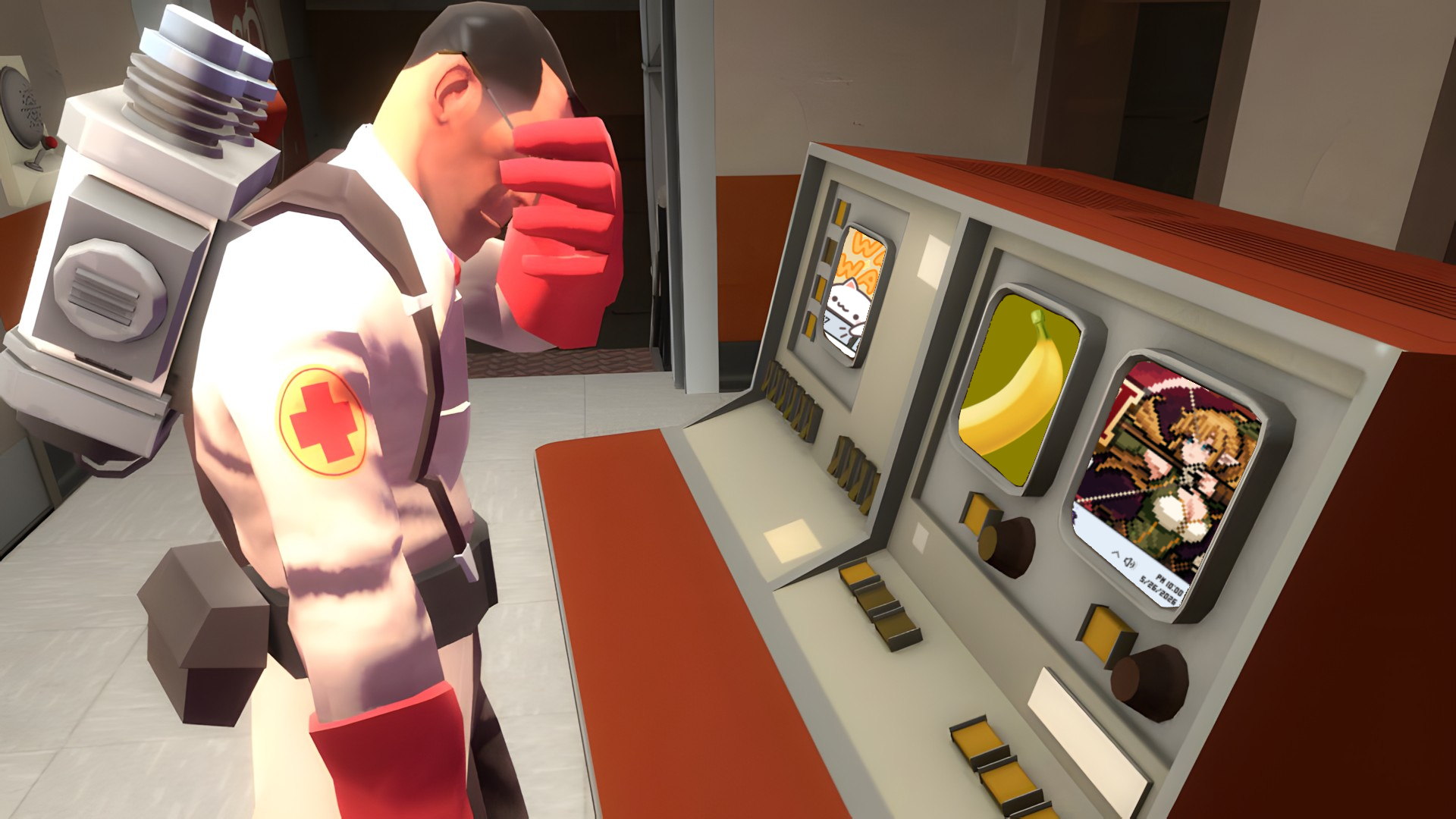 An edited image of the Medic from Team Fortress 2 looking at a computer, face palming. The three screens, from right to left, show Task Bar Hero, Banana, and Bongo Cat.