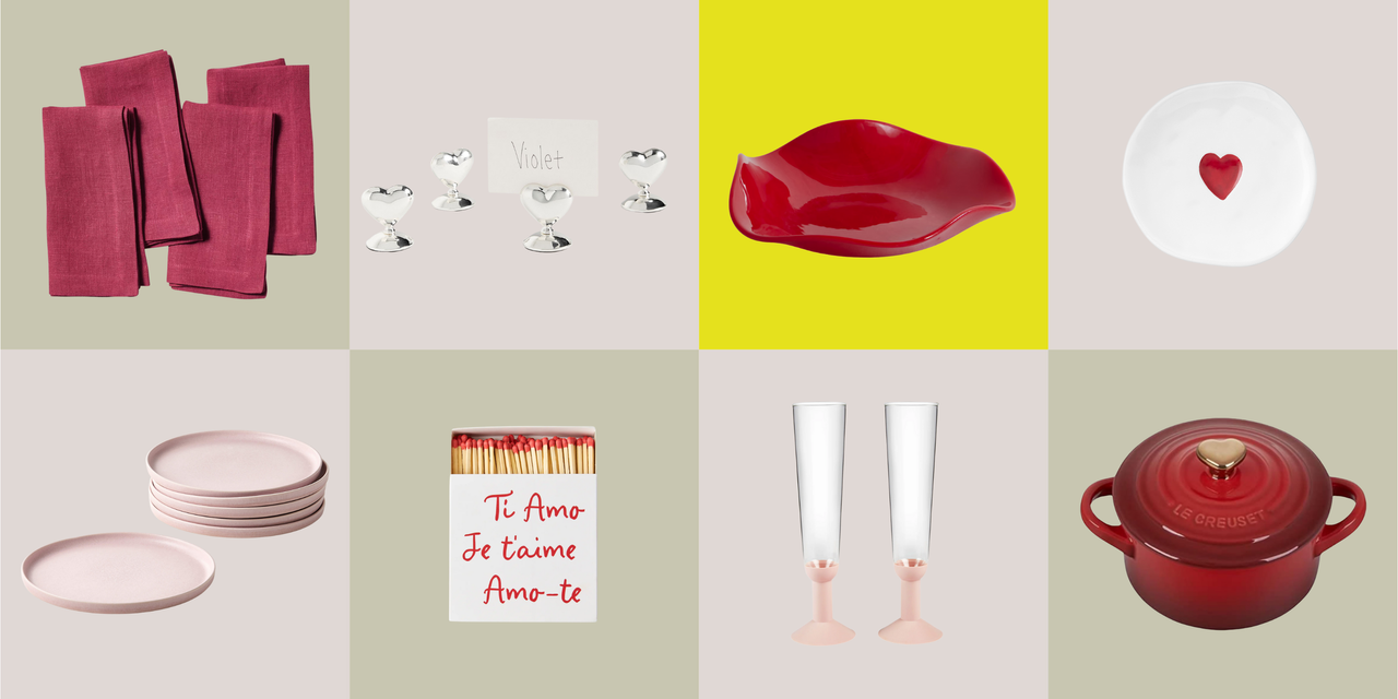 eight Valentine&#039;s Day home décor items in shades of pink and red