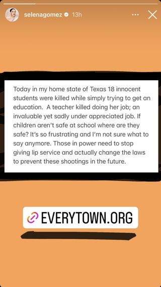 Selena Gomez Instagram Story about the school shooting in Uvalde, TX