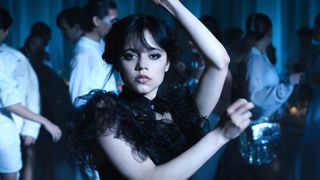 Jenna Ortega as Wednesday Addams dancing during the Netflix series, Wednesday.