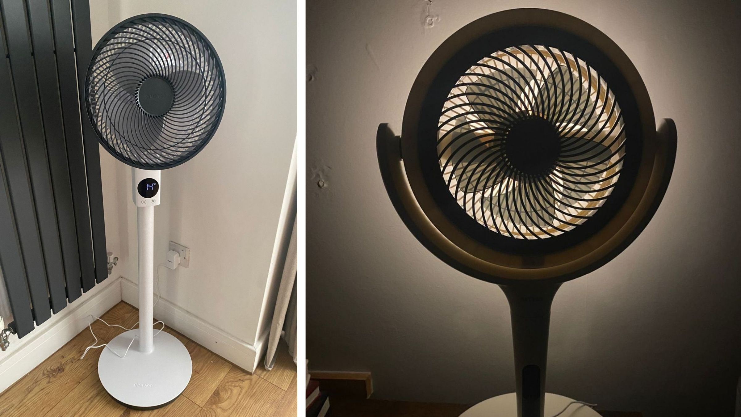 Split image showing a fan in front of a radiator and a fan with an ambient backlight