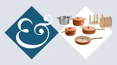 Our Place 11-Piece Essentials Cookware Set in Terracotta on Homes & Gardens Blue Background with white ampersand logo and dark blue and white diamond shapes