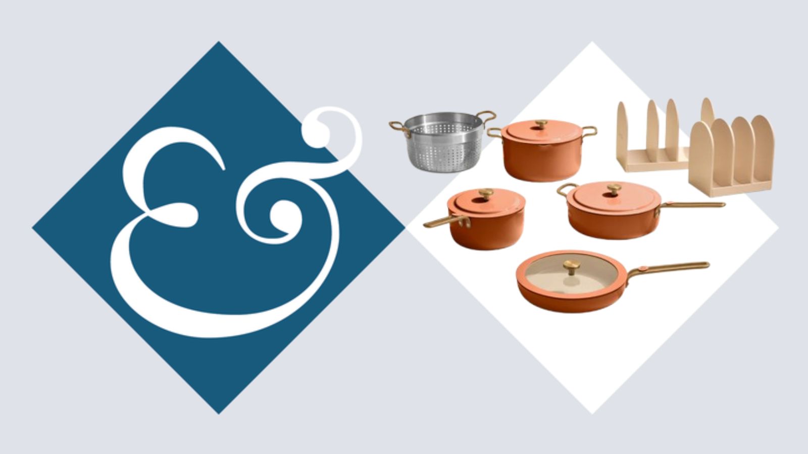 Our Place 11-Piece Essentials Cookware Set in Terracotta on Homes &amp; Gardens Blue Background with white ampersand logo and dark blue and white diamond shapes
