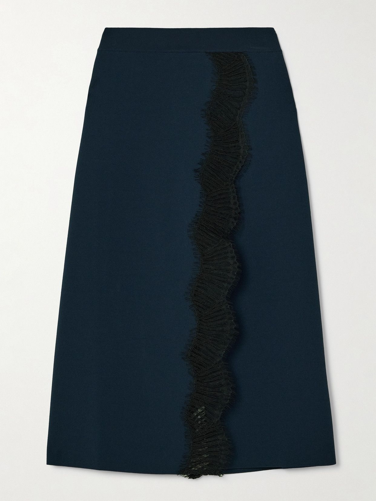 Wrap-Effect Lace-Trimmed Jersey Midi Skirt