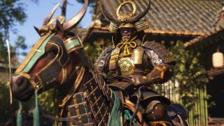 Best Assassin's Creed Shadows weapons - Yasuke in full armour riding on horseback.