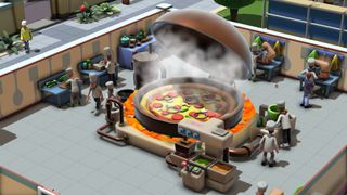 Student chefs making a giant pizza in Two Point Campus