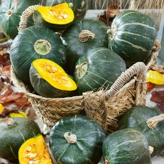 A basket filled with winter squashes