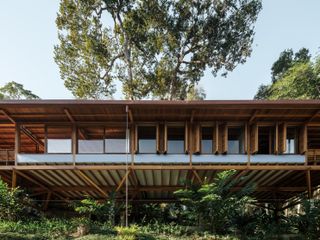 casa quinta by arquipelago, a wooden house on stilts above the rainforest canopy engulfed in greenery and open to nature