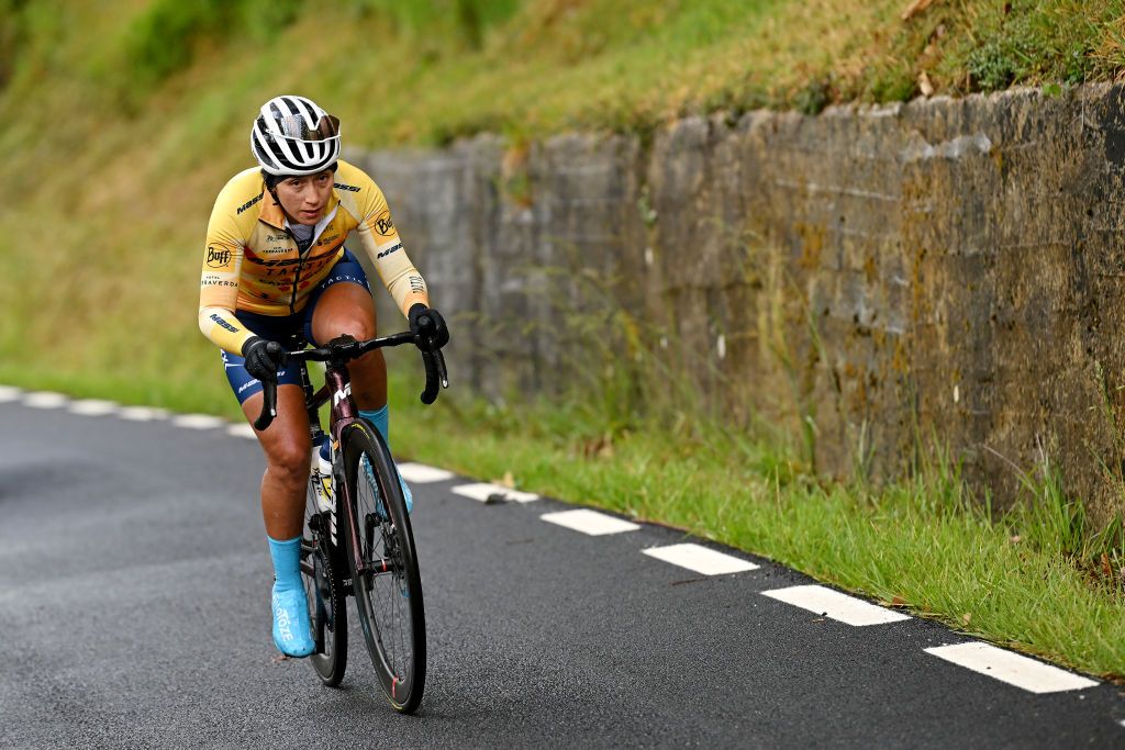 MARKINA SPAIN MAY 12 Miryam Maritza Nuez of Ecuador and Massi Tactic Women Team competes in the breakaway during the 2nd Itzulia Women 2023 Stage 1 a 1222km stage from Etxebarria to MarkinaXemein UCIWWT on May 12 2023 in Markina Spain Photo by Dario BelingheriGetty Images