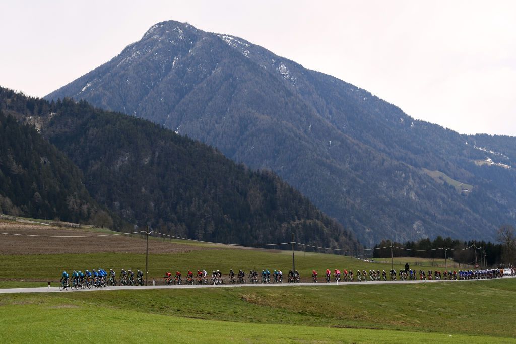 INNSBRUCK AUSTRIA APRIL 19 The peloton during the 44th Tour of the Alps 2021 Stage 1 a 1406km stage from Brixen to Innsbruck Mountains Landscape TourofTheAlps TouroftheAlps on April 19 2021 in Innsbruck Austria Photo by Tim de WaeleGetty Images