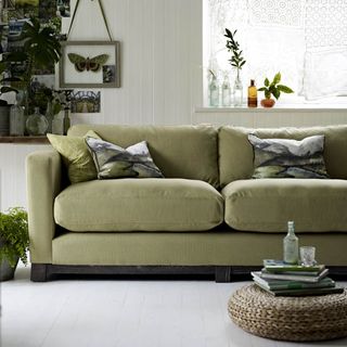 white living room with green sofa and potted plants