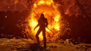 A warrior in front of an Oblivion gate