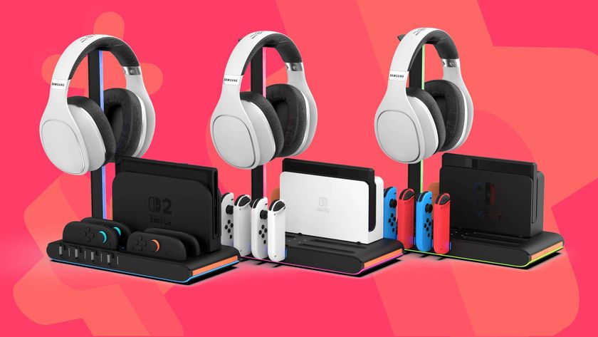 Official image of the DLX2 + LED Multi-Function Charge stands by iMP Tech with a pink GamesRadar+ background.