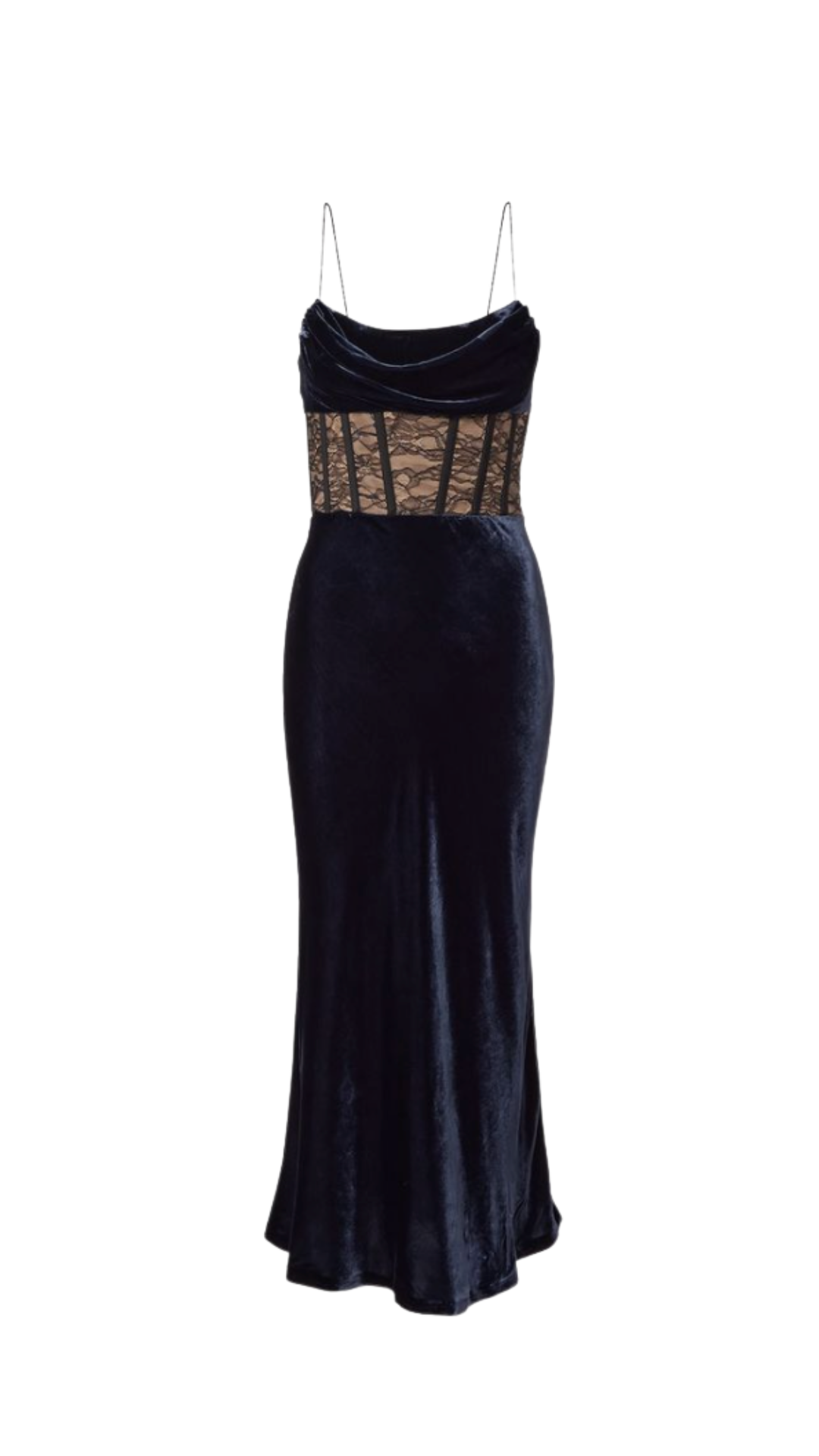 Rebecca Vallance, Minerva Lace-Trimmed Velvet Bustier Gown in Blue