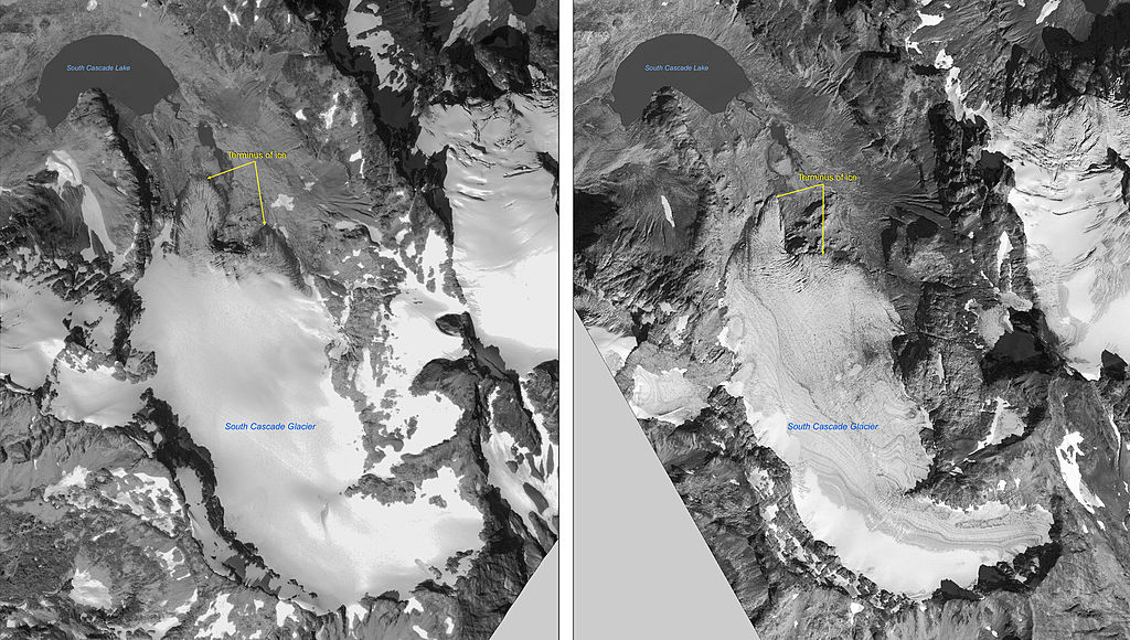 Two black-and-white images of the South Cascade Glacier in Washington state showing the amount of ice melt between 2000 and 2006.