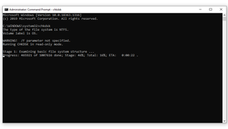A screenshot of the chkdsk command being run on Command Prompt in Windows 10
