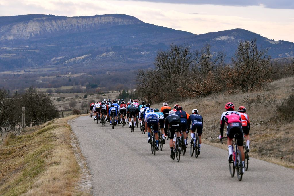 MONTAGNE FRANCE FEBRUARY 13 A general view of the peloton compete in a landscape during the 6th Tour de La Provence 2022 Stage 3 a 1806km stage from Manosque to Montagne de Lure 1567m TDLP22 on February 13 2022 in Montagne France Photo by Luc ClaessenGetty Images