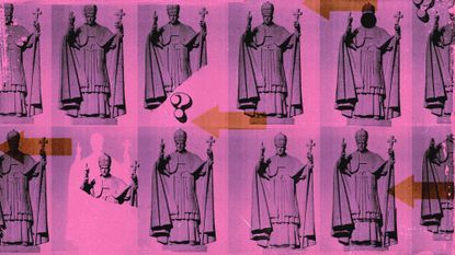 Pop art-style repeated pattern of a Pope Pius XII statue with arrows and question marks