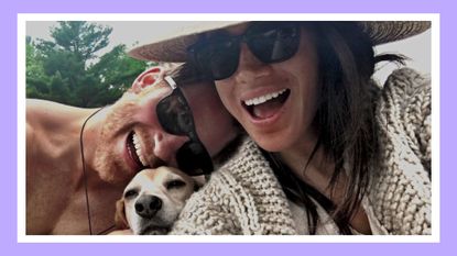 Prince Harry and Meghan, The Duke and Duchess of Sussex smiling together with their dog/ in a purple template
