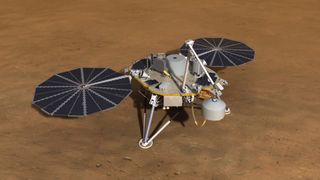 This still from a NASA animation shows the InSight Mars lander as it lowers a seismic sensor to Martian surface.