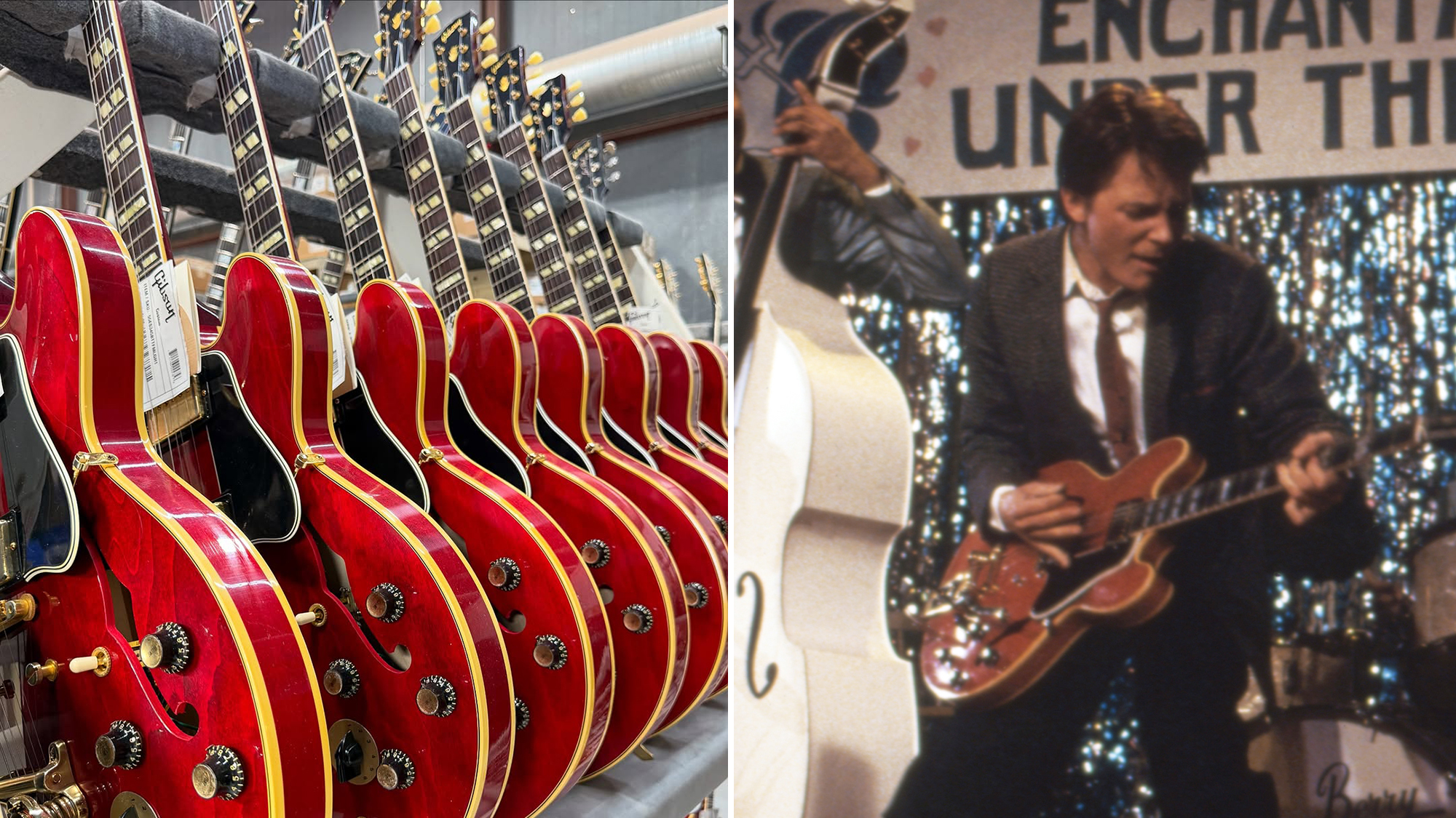A rack of Gibson ES-345s and Michael J. Fox on the set of &quot;Back to the Future&quot;
