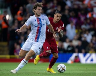 Joachim Andersen,of Crystal Palace and Darwin Nunez of Liverpool FC in action during the Premier League match between Liverpool FC and Crystal Palace at Anfield on August 15, 2022 in Liverpool, United Kingdom.